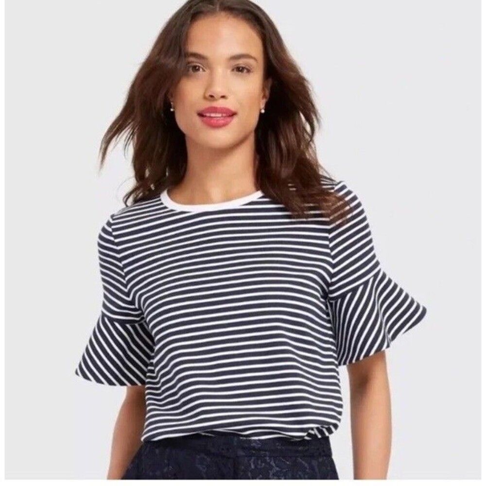 NWT Draper James M Blue Sailor Stripe Ruffle Sleeves Ponte Top Preppy